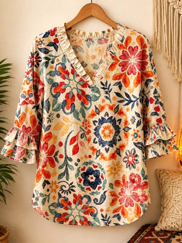 Sunset Mosaic Ruffle Blouse