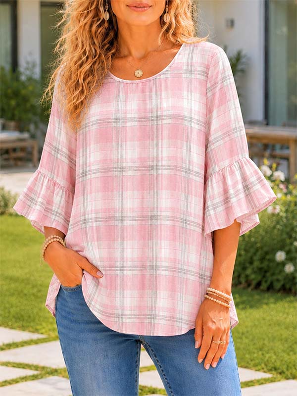 Blush Plaid Flutter Sleeve Top