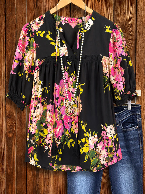 Midnight Garden Smocked Peasant Blouse