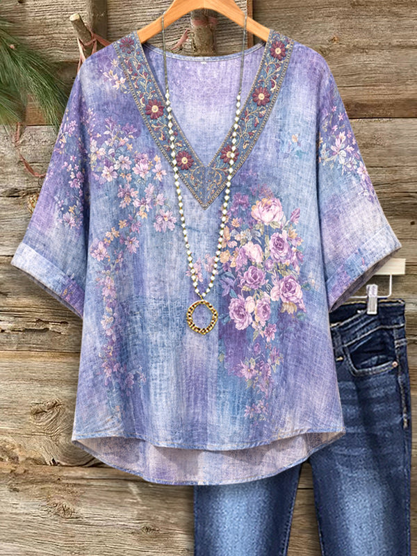 Lavender Meadow Embroidered V-Neck Top