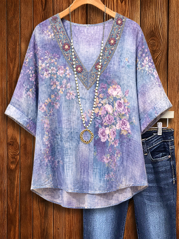 Lavender Meadow Embroidered V-Neck Top