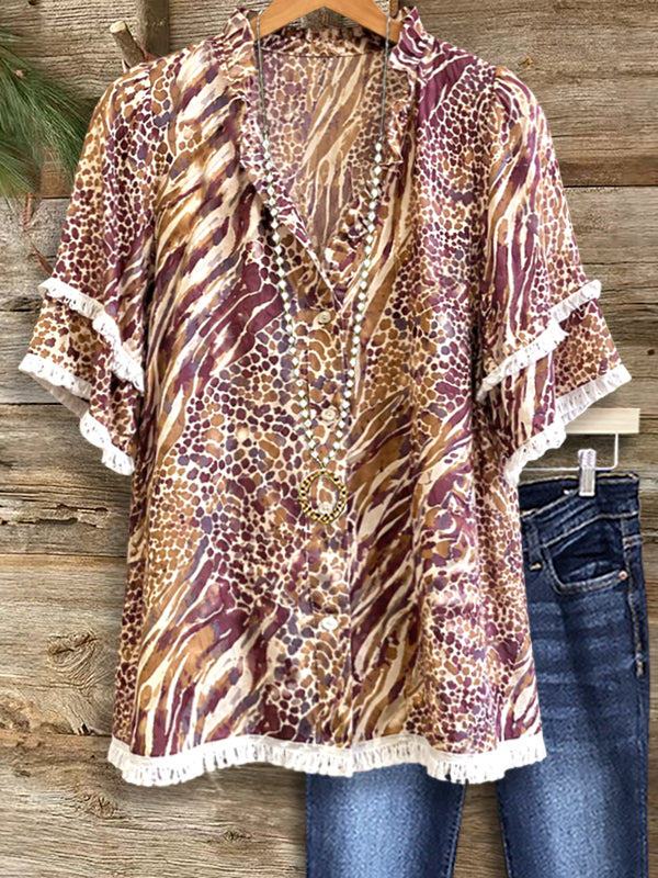 Ruffled Sleeve Mixed Animal Print Blouse
