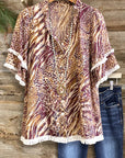 Ruffled Sleeve Mixed Animal Print Blouse