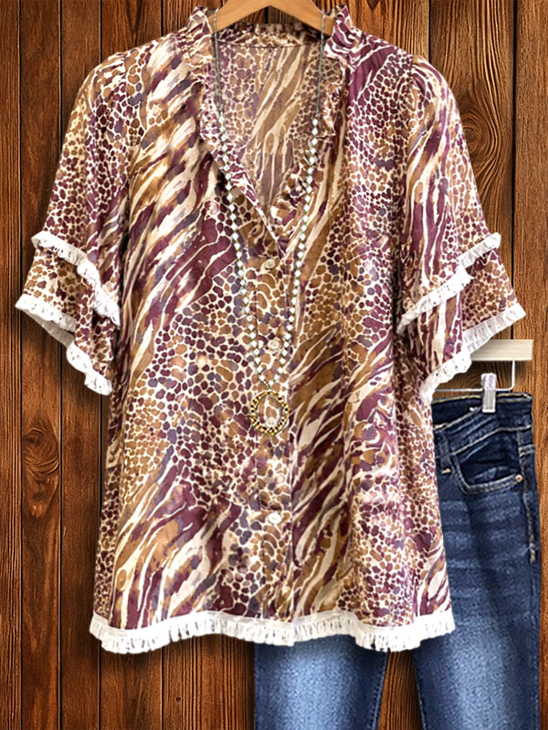 Ruffled Sleeve Mixed Animal Print Blouse
