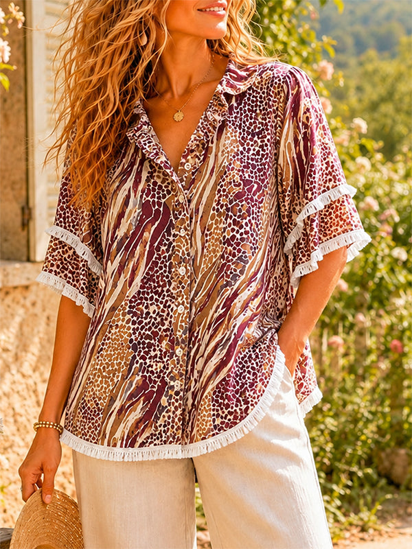 Ruffled Sleeve Mixed Animal Print Blouse