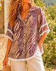 Ruffled Sleeve Mixed Animal Print Blouse