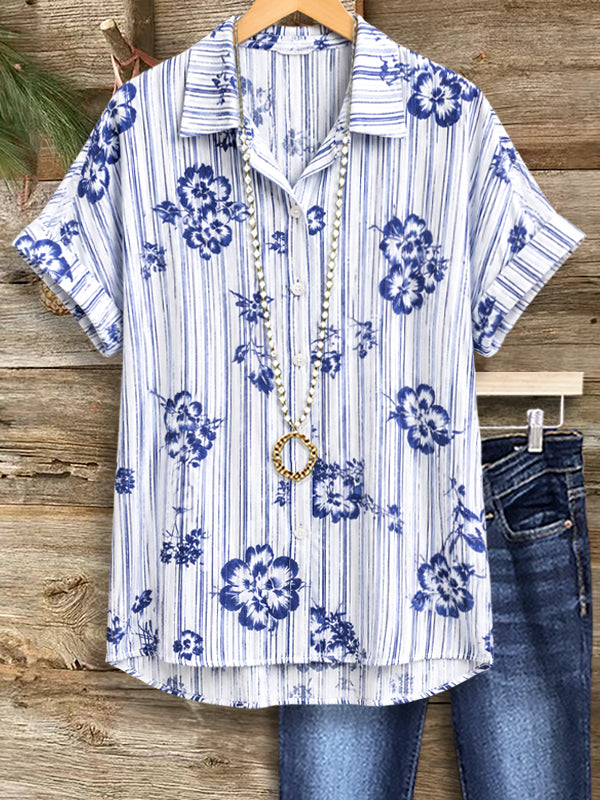 Floral Stripe Short Sleeve Button-Up Shirt