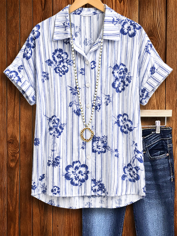 Floral Stripe Short Sleeve Button-Up Shirt