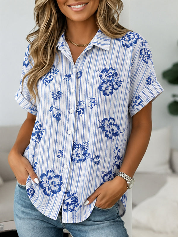Floral Stripe Short Sleeve Button-Up Shirt