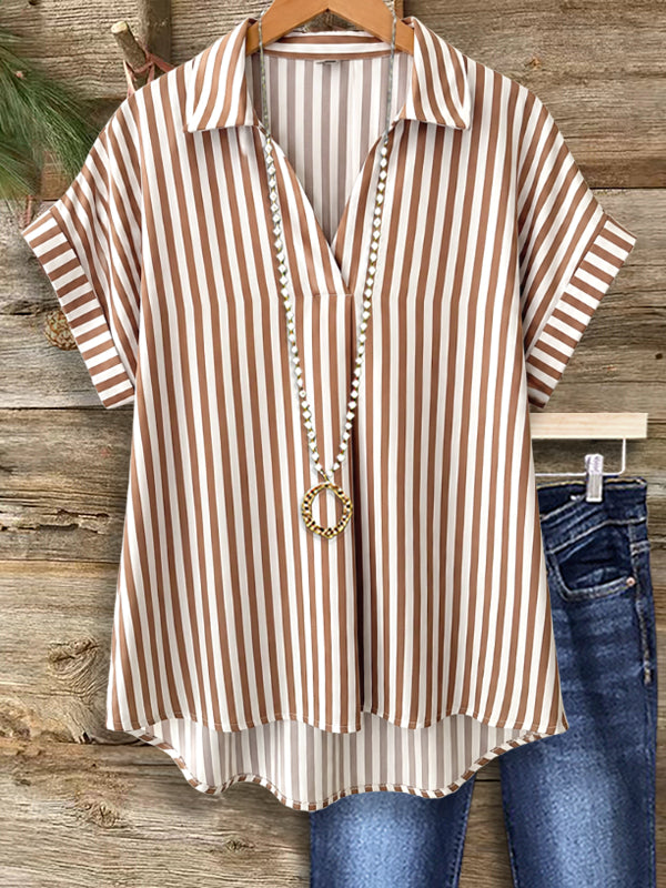 Split V-Neck Stripe Tunic Blouse
