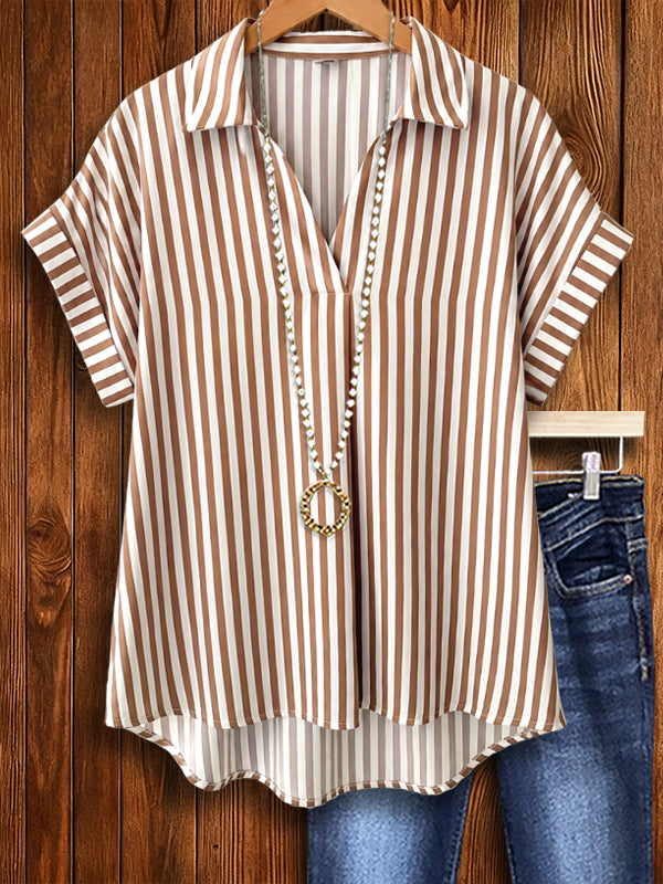 Split V-Neck Stripe Tunic Blouse