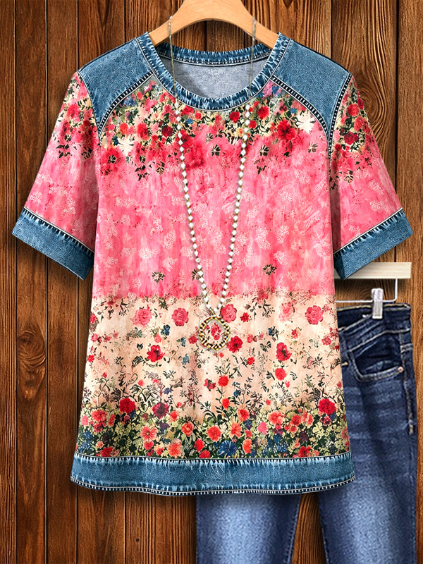 Denim Bloom Patchwork Tee