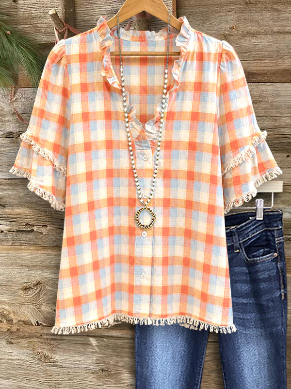 Sunset Breeze Ruffle Plaid Blouse