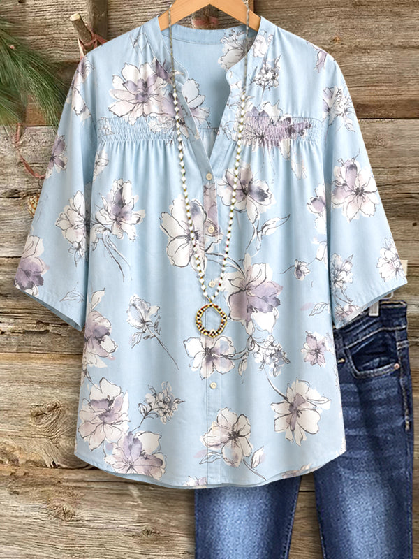 Sky Blossom Smocked Blouse