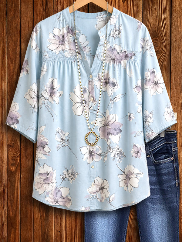 Sky Blossom Smocked Blouse
