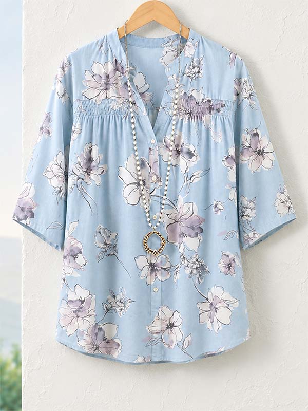 Sky Blossom Smocked Blouse