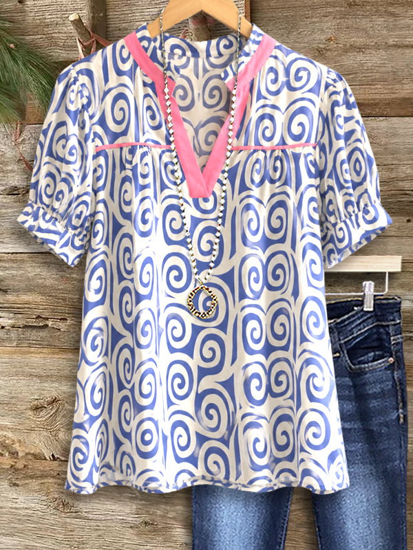 Coastal Swirl Puff Sleeve Blouse