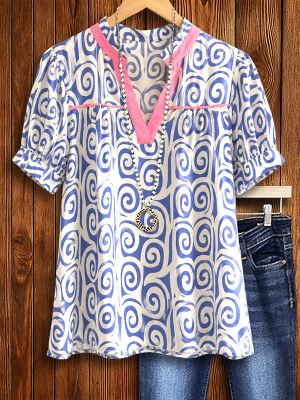 Coastal Swirl Puff Sleeve Blouse