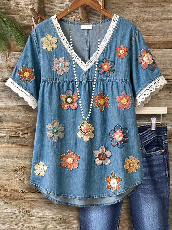 Daisy 3D Print Lace Trim Denim Babydoll Top
