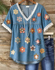 Daisy 3D Print Lace Trim Denim Babydoll Top