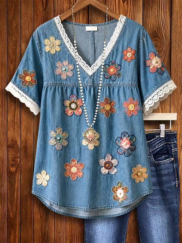 Daisy 3D Print Lace Trim Denim Babydoll Top