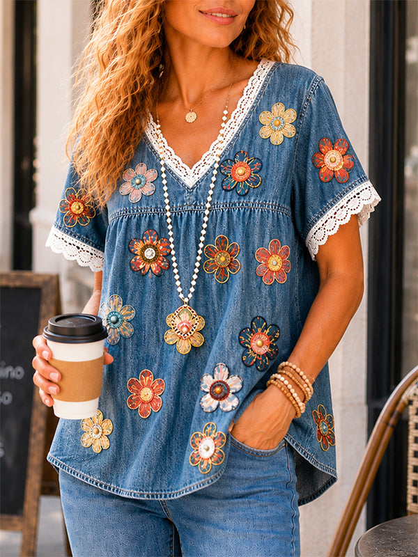 Daisy 3D Print Lace Trim Denim Babydoll Top