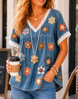 Daisy 3D Print Lace Trim Denim Babydoll Top