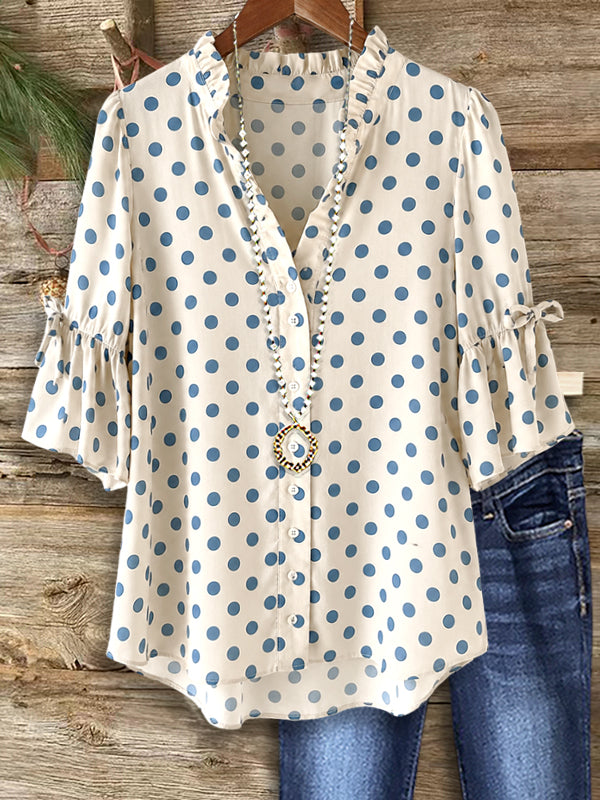 Blue Dot Ruffle Bell Sleeve Blouse