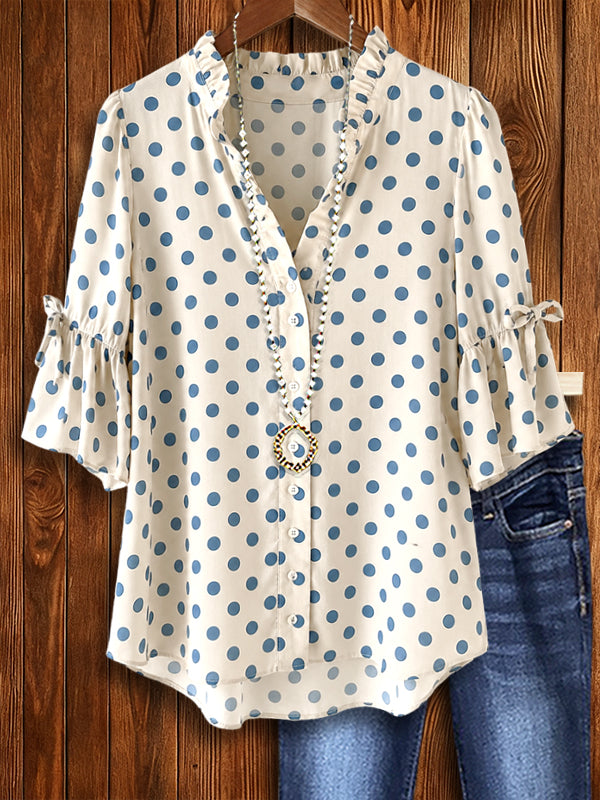Blue Dot Ruffle Bell Sleeve Blouse