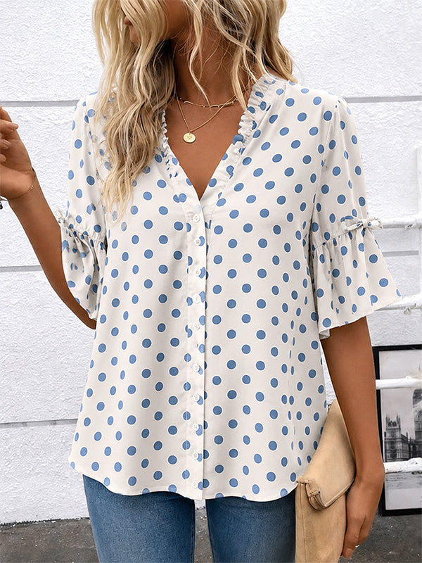 Blue Dot Ruffle Bell Sleeve Blouse