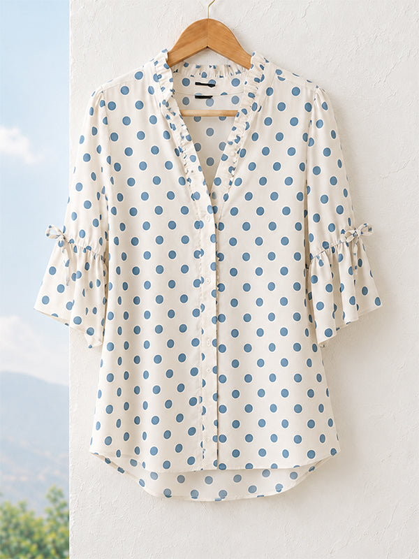 Blue Dot Ruffle Bell Sleeve Blouse