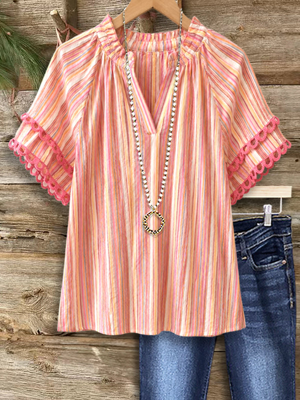 Sunset Stripe Lace Sleeve Blouse