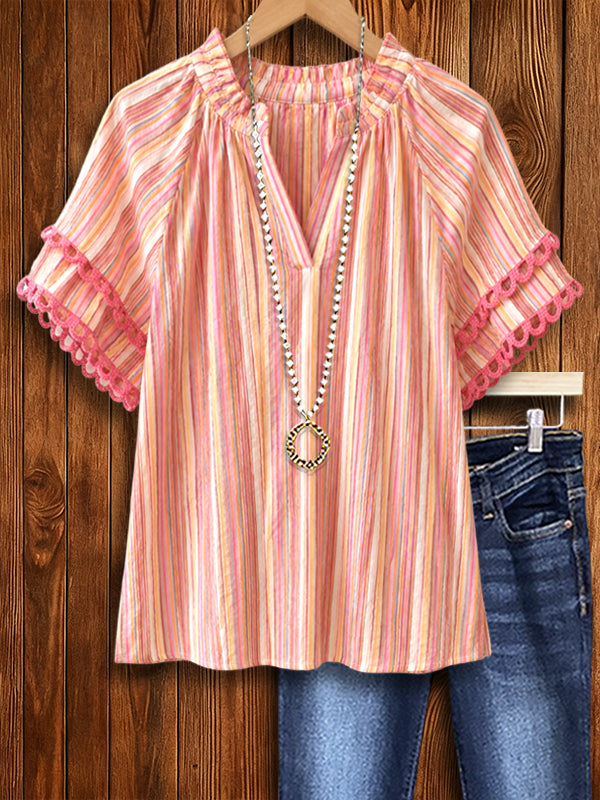 Sunset Stripe Lace Sleeve Blouse