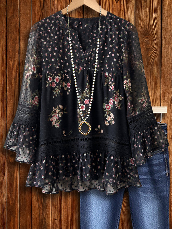 Midnight Bloom Lace Peplum Blouse