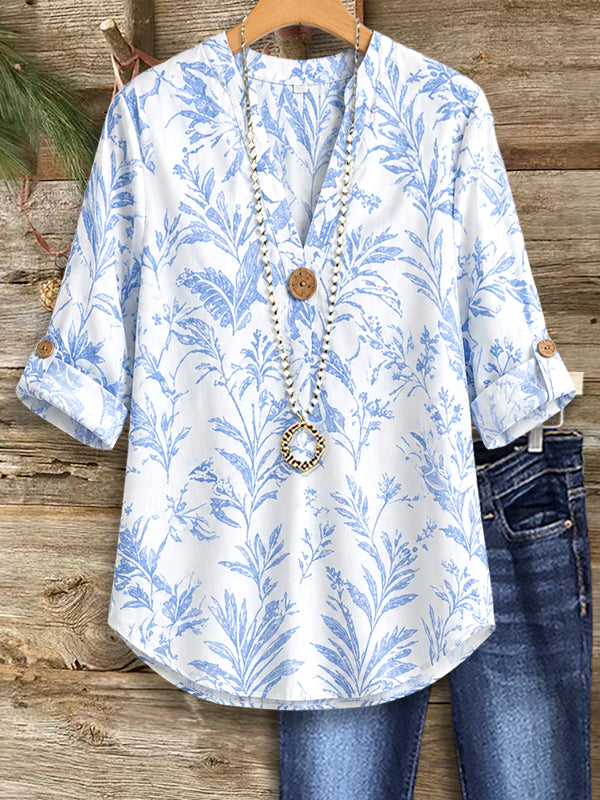 Blue Willow Roll Sleeve Henley Top