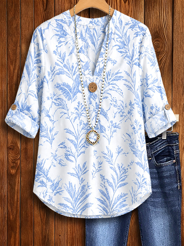 Blue Willow Roll Sleeve Henley Top