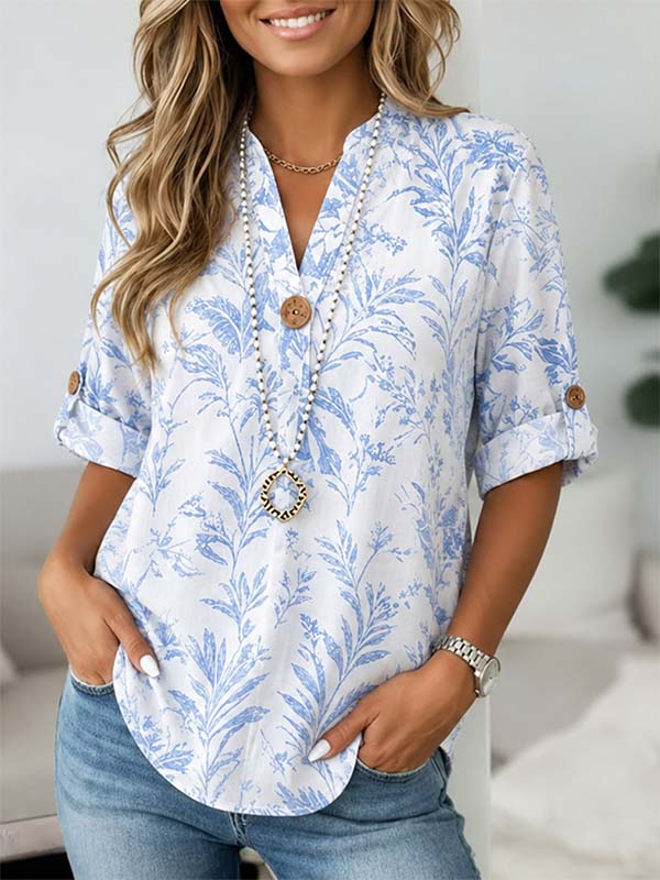 Blue Willow Roll Sleeve Henley Top
