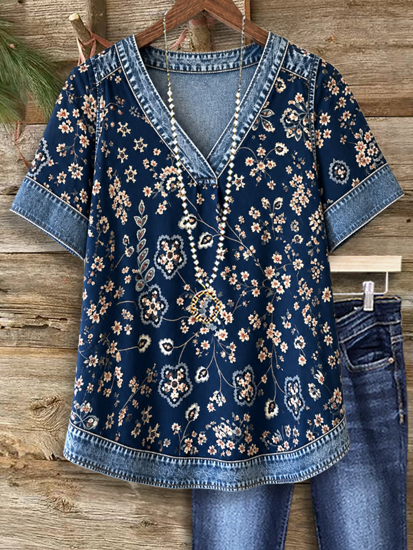 Vintage Floral Denim Trim V-Neck Top