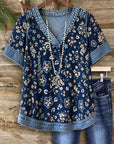 Vintage Floral Denim Trim V-Neck Top