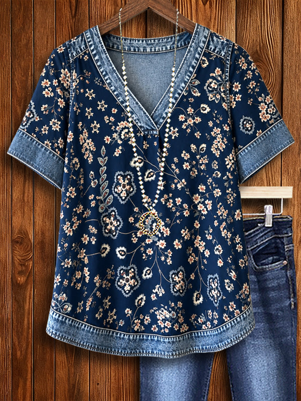 Vintage Floral Denim Trim V-Neck Top