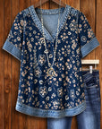 Vintage Floral Denim Trim V-Neck Top