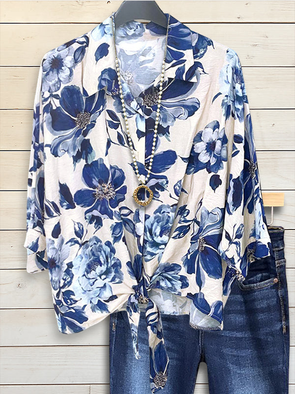 Indigo Bloom Tie Front Top