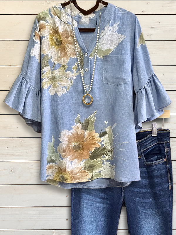 Natural Floral Ruffle Sleeve Blouse