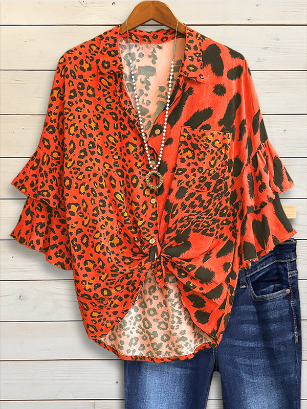 Leopard Print Ruffle Sleeve Blouse