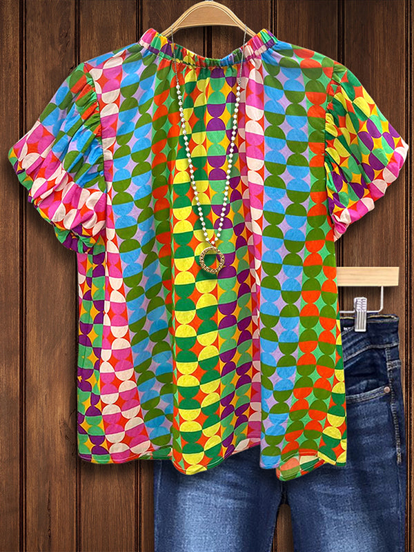 Retro Puff Sleeve Geometric Blouse