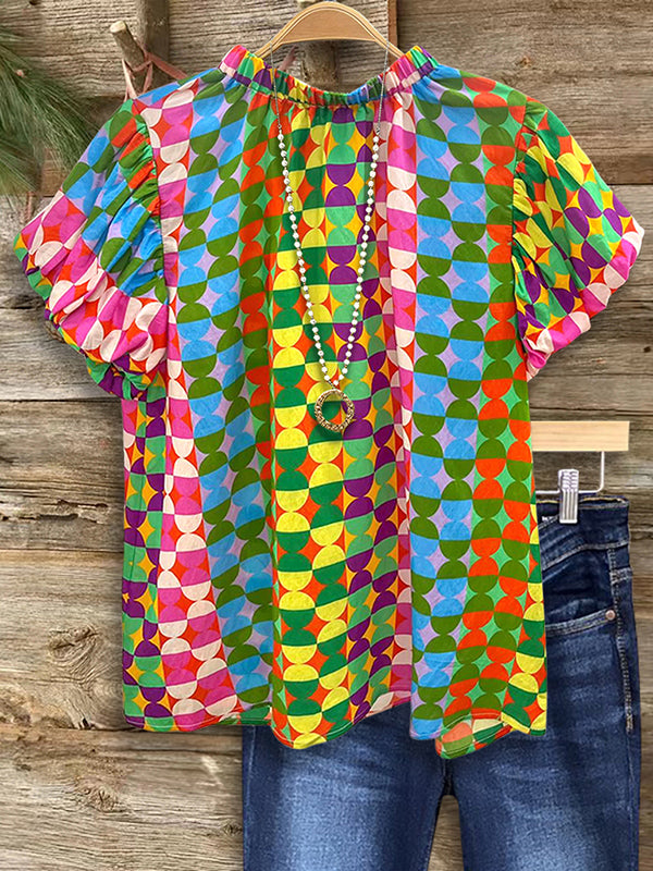 Retro Puff Sleeve Geometric Blouse