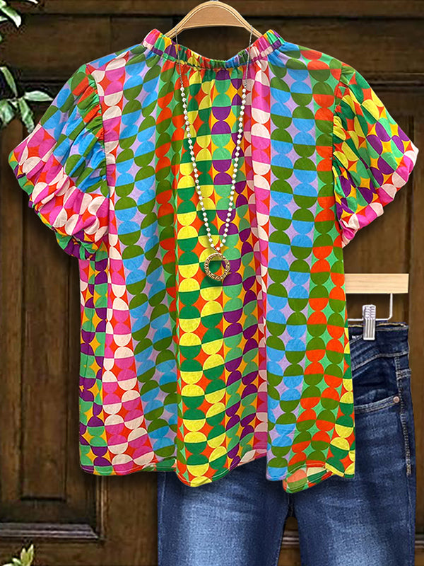 Retro Puff Sleeve Geometric Blouse