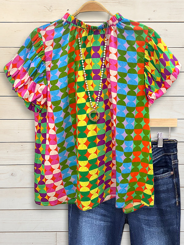 Retro Puff Sleeve Geometric Blouse