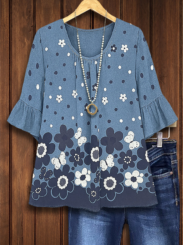Denim Daisy Ruffled Sleeve Top