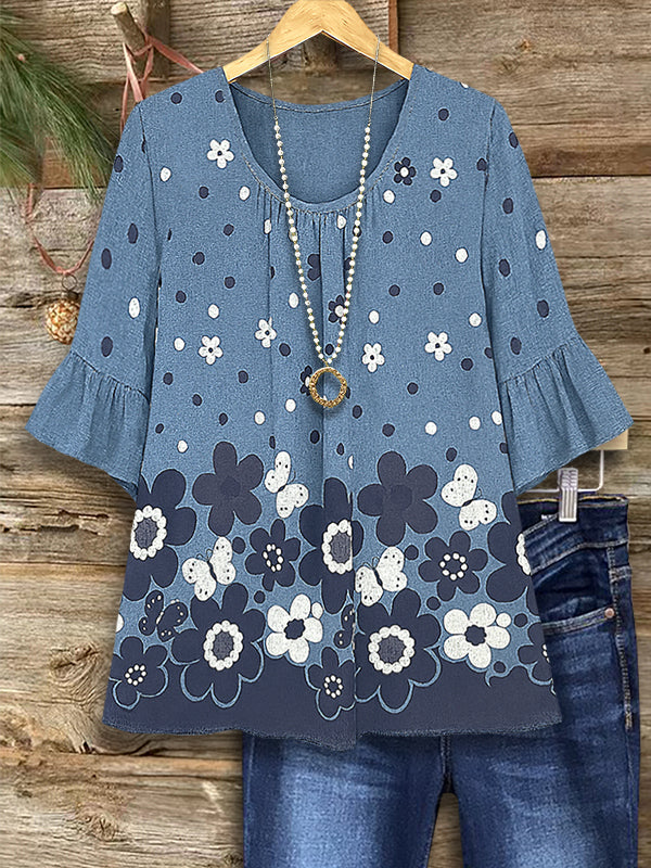 Denim Daisy Ruffled Sleeve Top